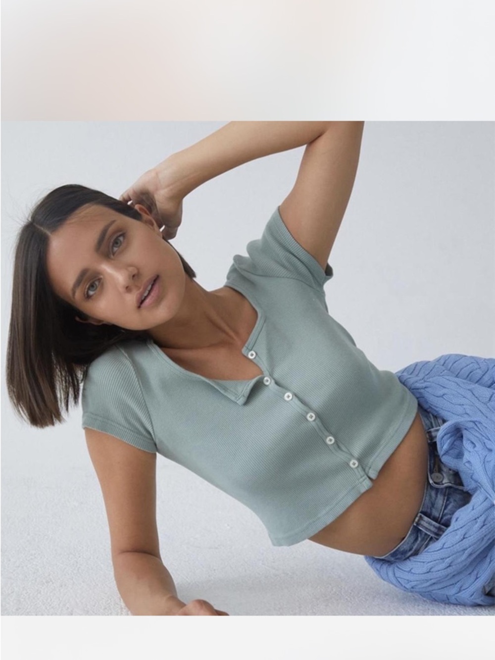 John Galt Brandy Melville Zelly Top Ribbed Sage Green Cropped 90s Scoop Neck OS